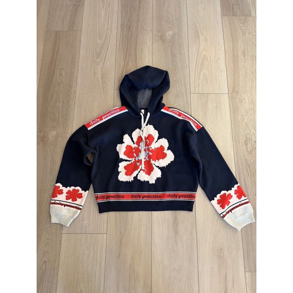 Anthropologie Daily Practice Navy Varsity Graphic Hooded Pulover Sweater M NWOT